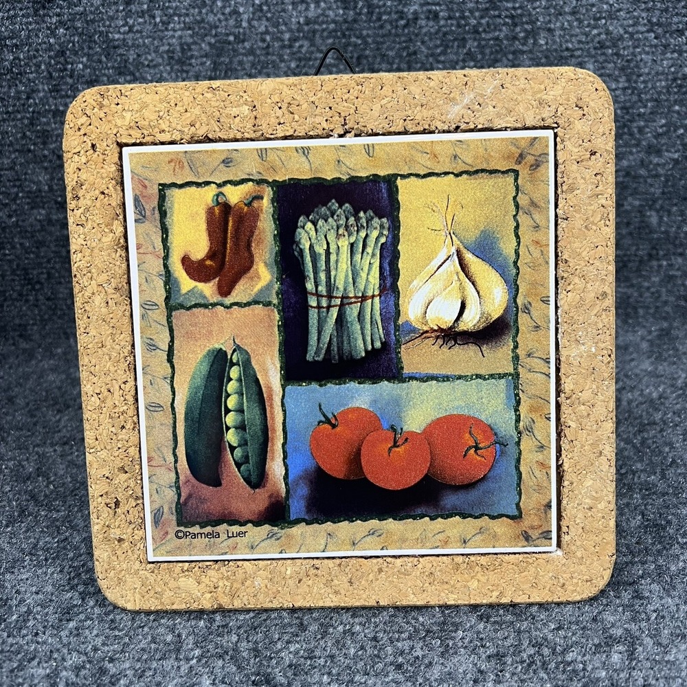 Pamela Luer Vegetable Ceramic Cork Frame Trivet 7.5"x7.5" Peppers Tomato Garlic